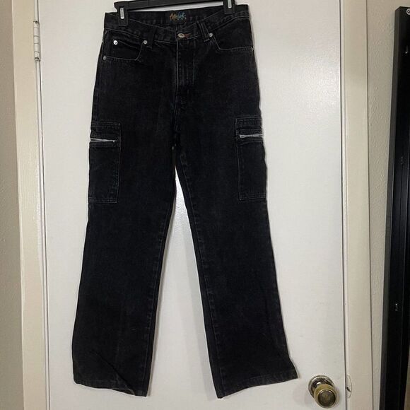 Vintage Action West Black washed High rise straight leg cargo jeans size 7 - Picture 1 of 6